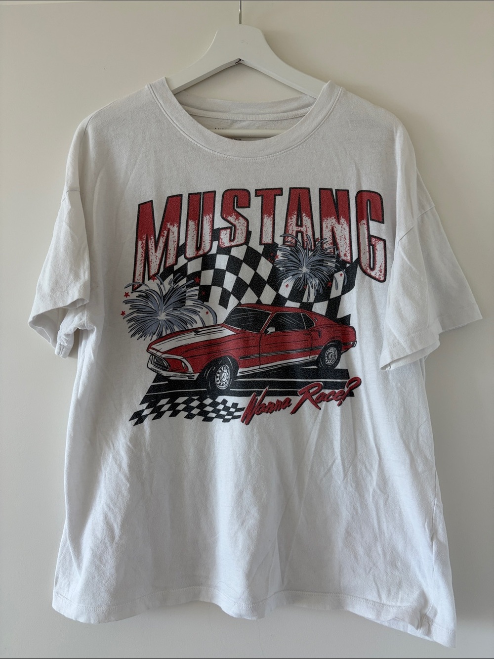 American Eagle Outfitters White Tee with Red Mustang Graphic